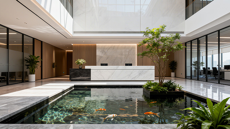 高颜值公司办公室前台鱼池装修方案图二